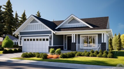 Beautiful new home exterior with two car garage and covered porch on sunny day