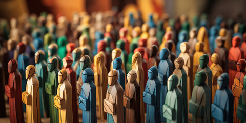 Fototapeta premium Wooden figures in bright colors, representing a bustling crowd in a market scene