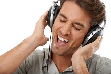 Man, headphones and singing music in studio for audio subscription, multimedia sound and party on...