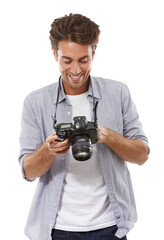 Smile, man and photographer with camera in studio isolated on a white background. Happy person, creative paparazzi and dslr, lens or technology for hobby, picture model and professional cameraman
