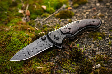 Tactical folding knife with water drops for survival on moss background
