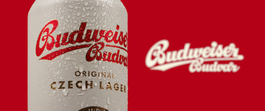 Dnipro, Ukraine 14 nov, 2023: Budweiser Czech beer in a tin can logo with drops