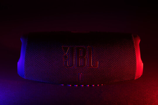 Dnipro Ukraine. 17 november 2023: Close up of the JBL Charge 5 Portable Bluetooth speaker