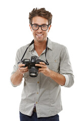 Man, portrait and camera for photography in studio for creative vision, capture hobby or white background. Male person, face and digital equipment for picture on mockup space, professional or skill