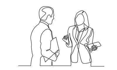 Continuous line drawing of businessmen and women standing and discussing business. discussion about growing business. Concept of growing business and presentation.Isolated on a white background.
