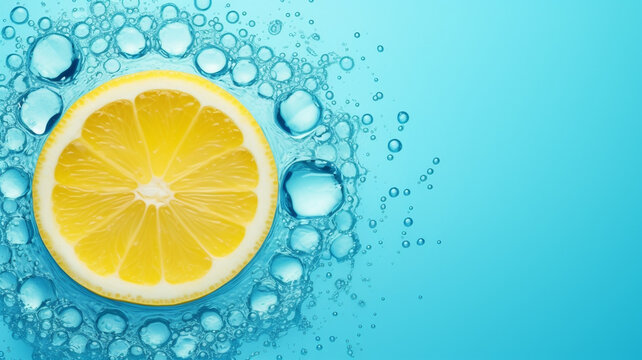 sliced lemon in color background with water wave and water drop.