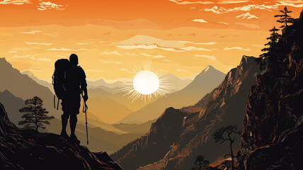 Silhouette of mountain tourism