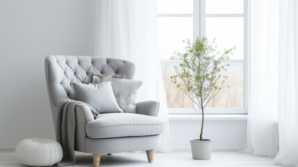 Obraz na płótnie Canvas Comfortable armchair with pillow in light bedroom interior