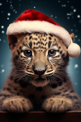 A leopard wearing a Santa hat.