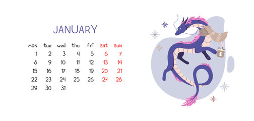 Monthly calendar for New year January 2024 with flat dragon character. Vector isolated horizontal illustration. Winter month with weeks and stylish mascot in scarf and mug of cocoa.