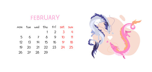 Monthly calendar for February 2024 with two cute flat dragon character. Symbol of New Year 2024. Winter month with weeks and stylish mascots fly around hearts. Vector isolated horizontal illustration