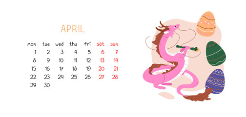 Fototapeta premium Pink Chinese dragon decorates Easter eggs for holiday. Horizontal format for spring month of April 2024. Symbol of Chinese Lunar New Year 2024. Vector illustration isolated on white background