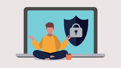 Vektor-Illustration einer Person, die entspannt vor einem Laptop Yoga macht - Online-Sicherheitskonzept