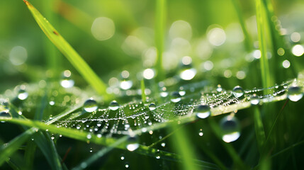 water drops on grass, green grass with web and drops of water 
