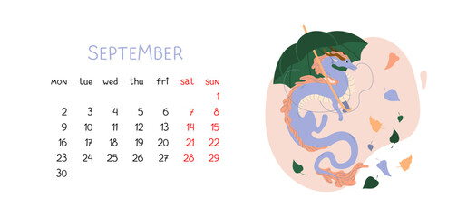 Long Chinese dragon holds an umbrella among falling leaves. Horizontal page September with symbol of eastern new year 2024. Vector illustration for planner design on white isolated background
