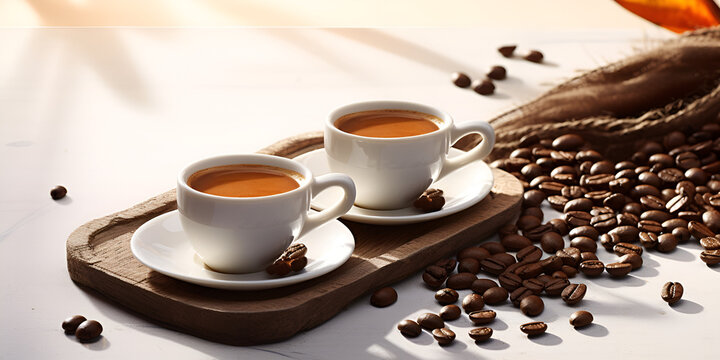 cup of strong coffee and coffee beans, cup of coffee drink with stack of coffee beside it, on white background. Espresso Coffee Cup With Beans, White cups of coffee with coffee beans, generative AI