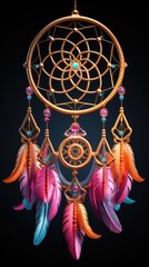 Attrape rêve multi couleur sur fond noir, avec plume rose