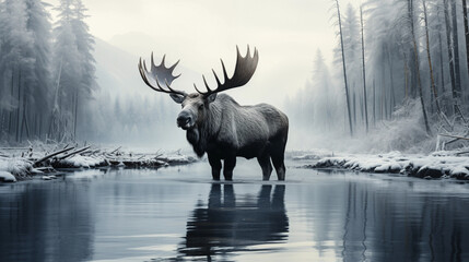 Big male Bull red deer in deep moose coniferous forest in rays of sunset - obrazy, fototapety, plakaty