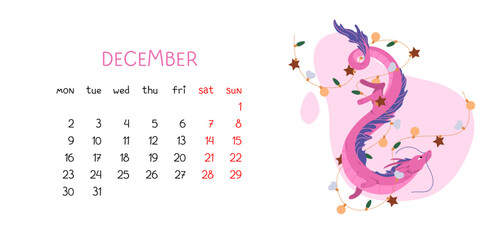 Pink Chinese dragon fly through New Year garland. December month calendar with weeks and 2024 symbol. Horizontal printable planner page design. Vector illustration oriental holiday on white background