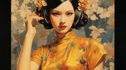 Femme chinoise vintage dj avec casque audio sur la tête.