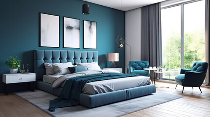 Modern Clean Contemporary White and Blue Bedroom Interior Design, AI Generated