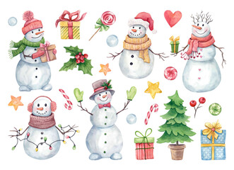 Set of snowmen in hats and scarves. Christmas candy and gifts on a white background. Hand drawn watercolor holiday illustration.