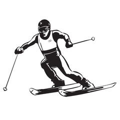 Male Skier in action silhouette. Alpine Skiing men jump downhill black silhouette. Vector illustration