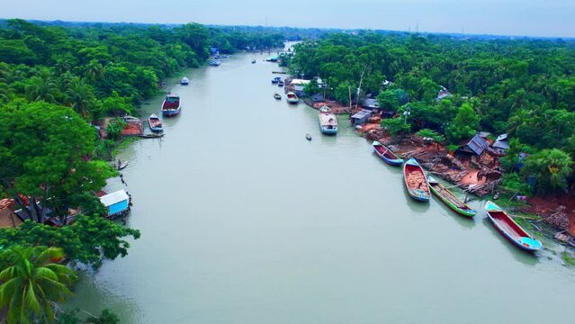 Aerial View of the Scenic Beauty of a Small River in Bangladesh, Beautiful River of Bangladesh