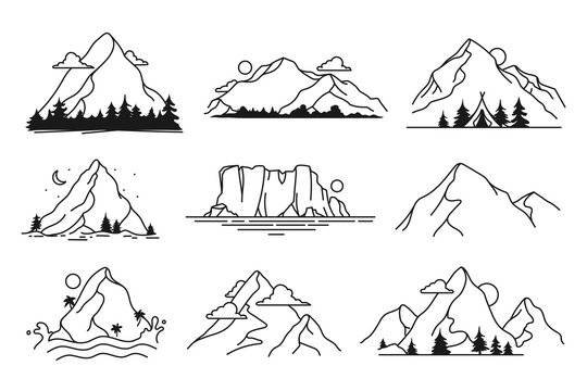 Collection of hand drawn mountain outline. Mountain landscape in line art style. Hills, icebergs, rocks and high peaks. Element for your design. Vector illustration