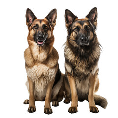 Two German shepherd dogs with brown and black fur sitting isolated on white background