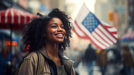 Happy, smiling afro black woman with American flag in the city on the Independence Day holidays of the United States of America. - obrazy, fototapety, plakaty