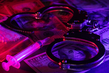 Drug smuggling and trafficking and handcuffs side gun money and bags of cocaine on black background. - obrazy, fototapety, plakaty