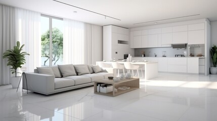 Cozy luxury modern interior design of a studio apartment in extra white colors with fashionable expensive furniture in a minimalist style. white tiled floor, kitchen, 