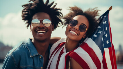 Happy two afro woman and man with American flag on the Independence Day holidays of the United States of America. - Powered by Adobe