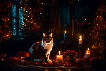 Cat's Fall Oasis: Pumpkins, Flowers, and Candlelight