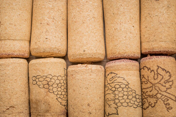 used vine corks background. Close up of bottle stoppers