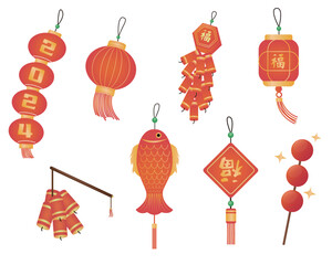 Chinese New Year lanterns firecrackers candied haws elements gradient color style vector illustration - obrazy, fototapety, plakaty