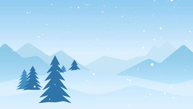 Winter landscape with snowdrifts and snowy fir trees. Flat animation. Seasonal nature background. Frosty snow hills. Game art concept. Seamless loop: trip through Cartoon Winter snowy mountains lands