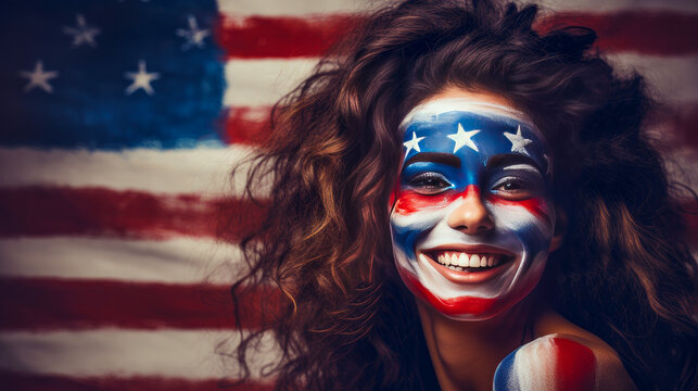 A smiling girl with her face painted in the colors of the flag of the United States of America.