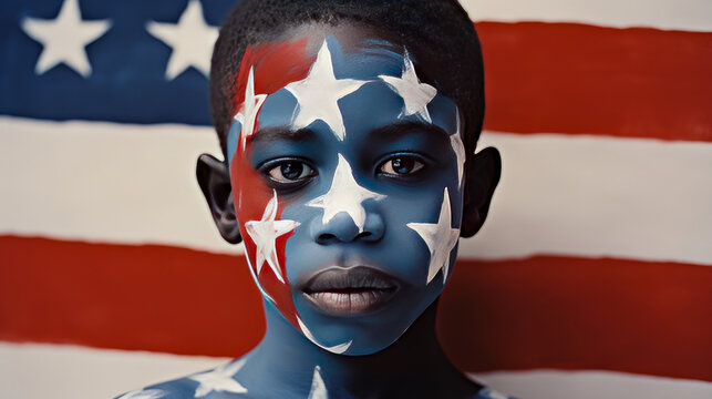 Afro is a dark-skinned, serious, responsible boy with his face painted in the color of the flag of the United States of America.