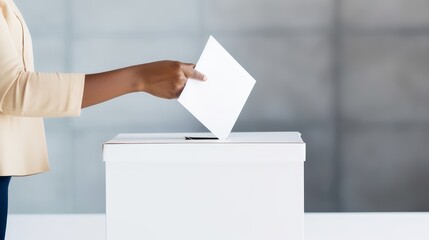 The person places a ballot for the election of president, senator or deputy into a white ballot box. - obrazy, fototapety, plakaty
