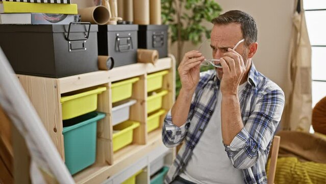 Serious middle-aged man with grey hair, doubting his art-school drawing. a bespectacled artist thinking in his studio.