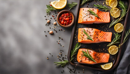 Fototapeta na wymiar Grilled salmon steak with rosemary and spices and lemon