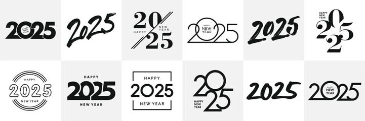 Big Set of 2025 Happy New Year logo text design. 2025 number design template. Collection of 2025 Happy New Year symbols. Vector illustration with black labels isolated on white background.