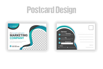Corporate creative modern postcard EDDM design template with abstract blue, black color shapes and white background, simple elegant and clean business postcard, real estate marketing postcard design