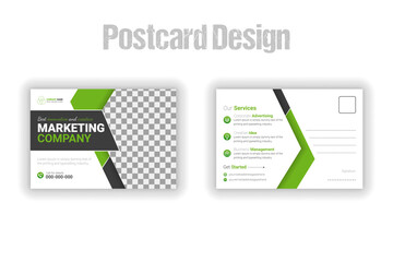 Corporate creative modern postcard EDDM design template with geometric green, black color shapes and white background, simple elegant and clean business postcard, real estate marketing postcard design