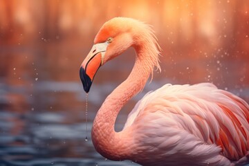 Fototapeta premium pink flamingo at pastel peach color sunrise swimming in water