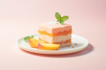 fruit cake dessert in pastel peach color palette minimal food design. Peach fuzz trendy color of the year. 