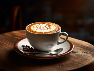 A steaming coffee mug with latte art on a wooden table. --ar 4:3 --v 5.2 Job ID: f2e3d90b-fc1e-4c9f-a3c0-582941af9064