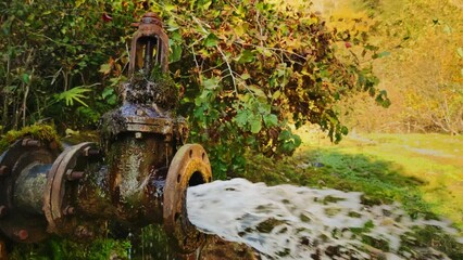 Old rusty part of water well and system of disposal with strong aqua stream pouring from it filmed in closeup in Georgian forest at autumn day. Tubing machine located in wood. Industrial construction. - Powered by Adobe